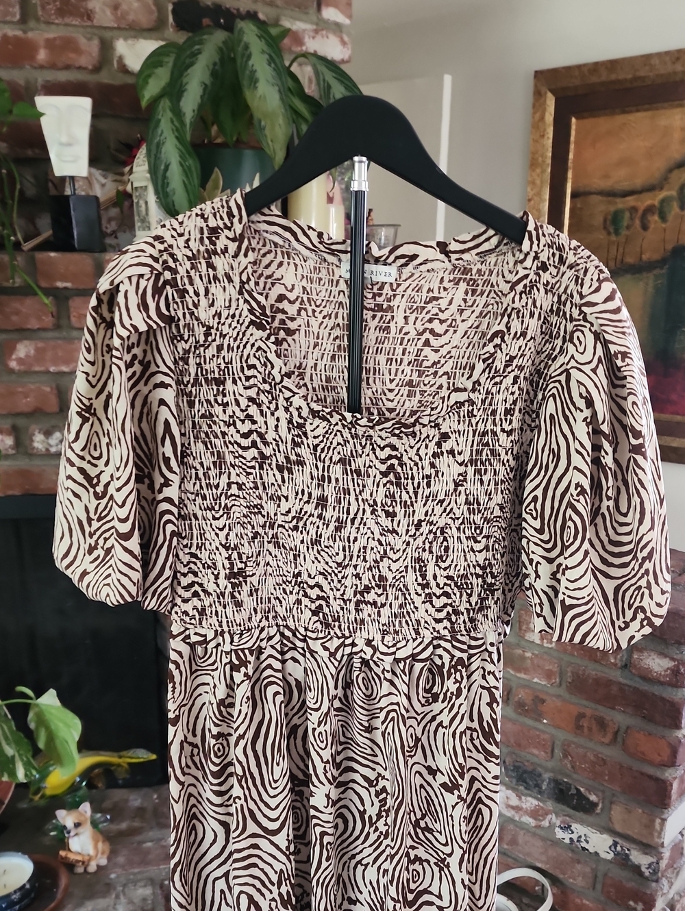 Moon River Brown Abstract Woodgrain Print Midi Dress Puff Sleeve Cottagecore Boh - Picture 3 of 11